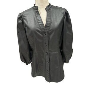 White House Black Market Womens Faux Leather Puff Sleeve Blouse Size 12